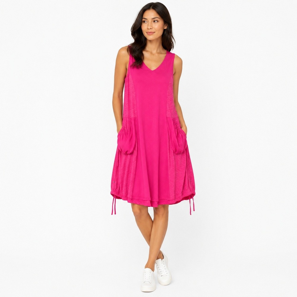Neon Buddha Pink Sleeveless V-Neck Cotton Slub Pocket Midi Dress Womens Size‎ M